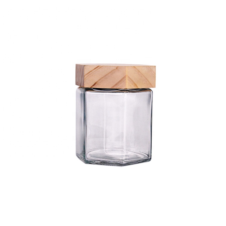High quality 380ml hexagonal honey glass container jar with wooden cap