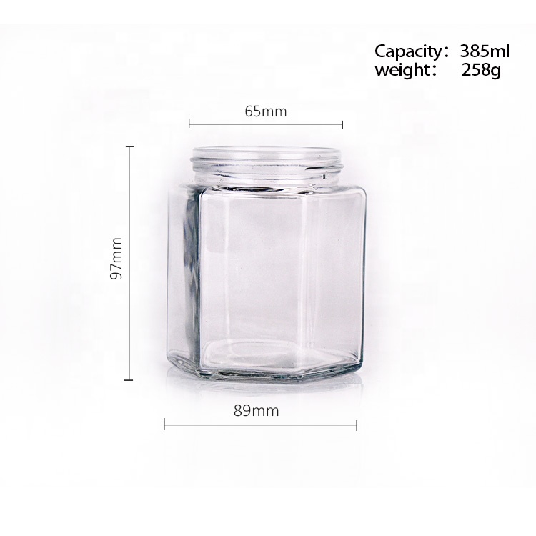 High quality 380ml hexagonal honey glass container jar with wooden cap