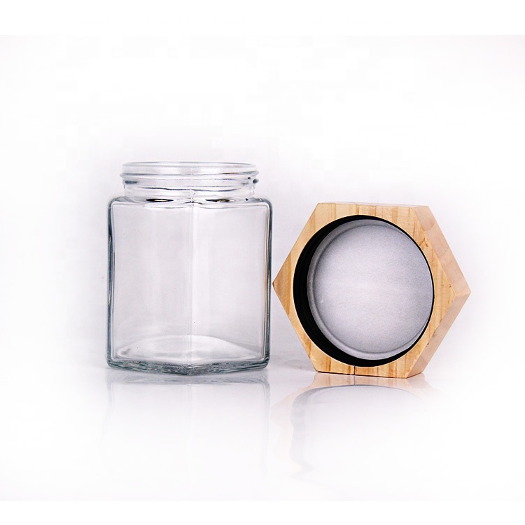 High quality 380ml hexagonal honey glass container jar with wooden cap