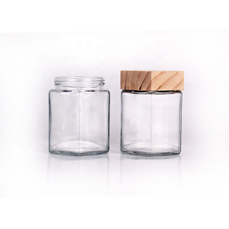 High quality 380ml hexagonal honey glass container jar with wooden cap