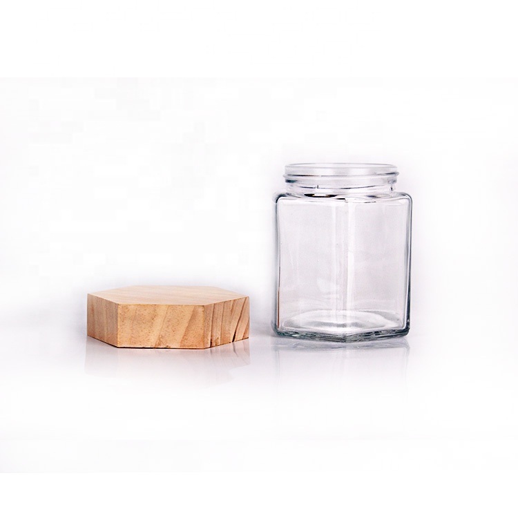 High quality 380ml hexagonal honey glass container jar with wooden cap