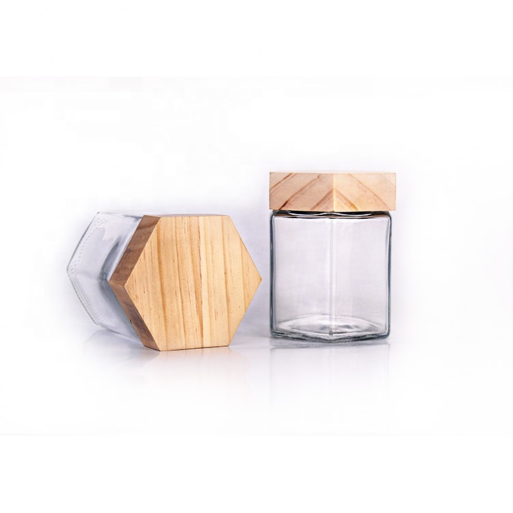 High quality 380ml hexagonal honey glass container jar with wooden cap