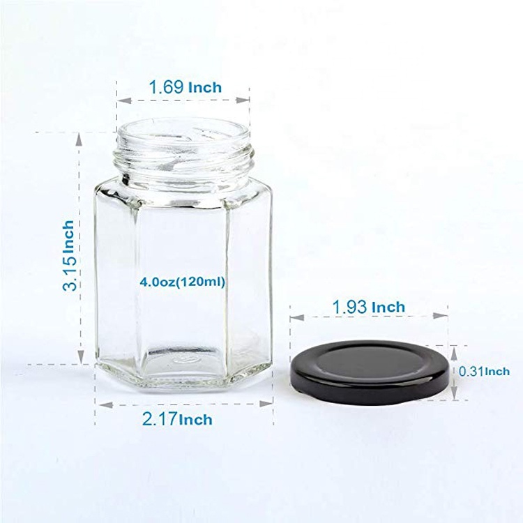 High quality 4oz clear hexagon glass honey jam jar with metal lid
