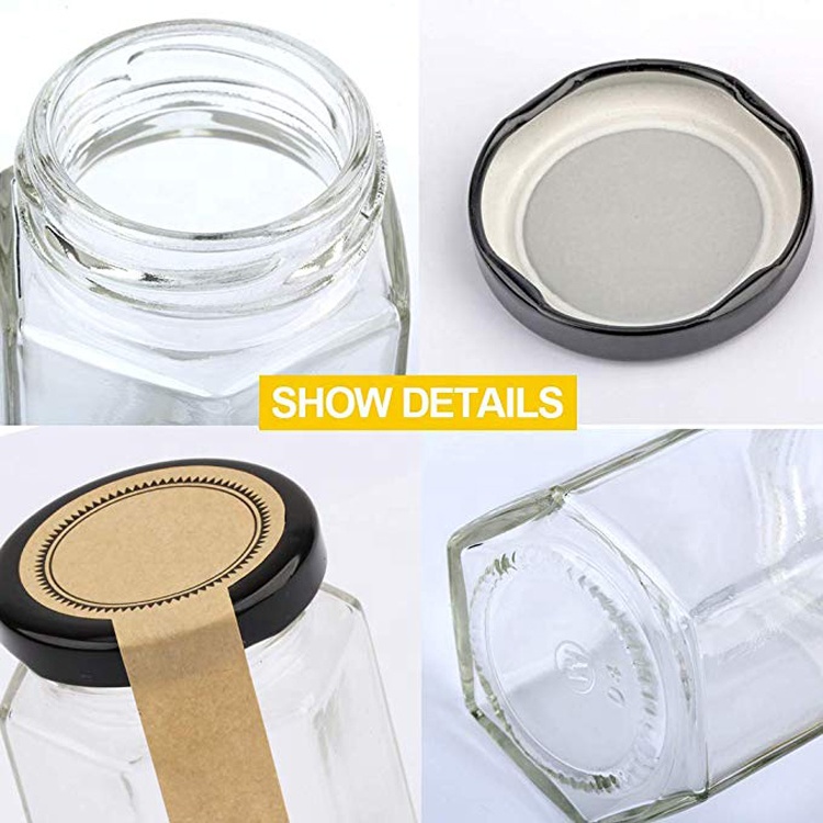 High quality 4oz clear hexagon glass honey jam jar with metal lid