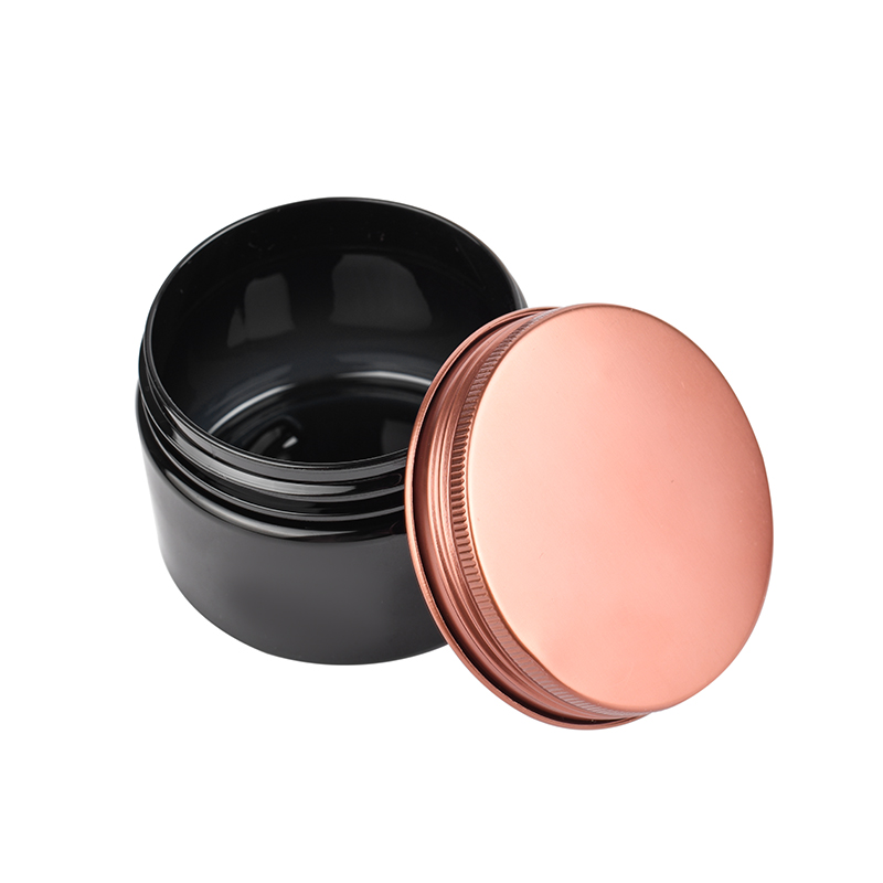 High quality 50g 100g 150g 200g 250g wide mouth canned food grade shampoo black plastic PET jar with rose gold aluminum lid