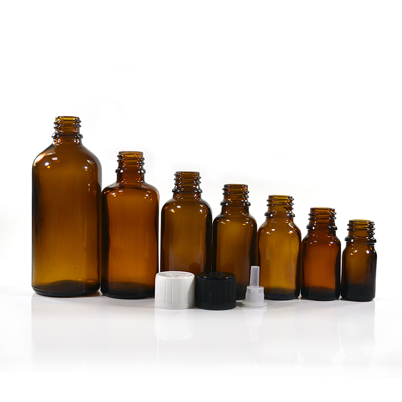 High quality 5ml 10ml 15ml 20ml 30ml 50ml 100ml natuaral amber essential oil glass bottle with tamperproof lid and plug