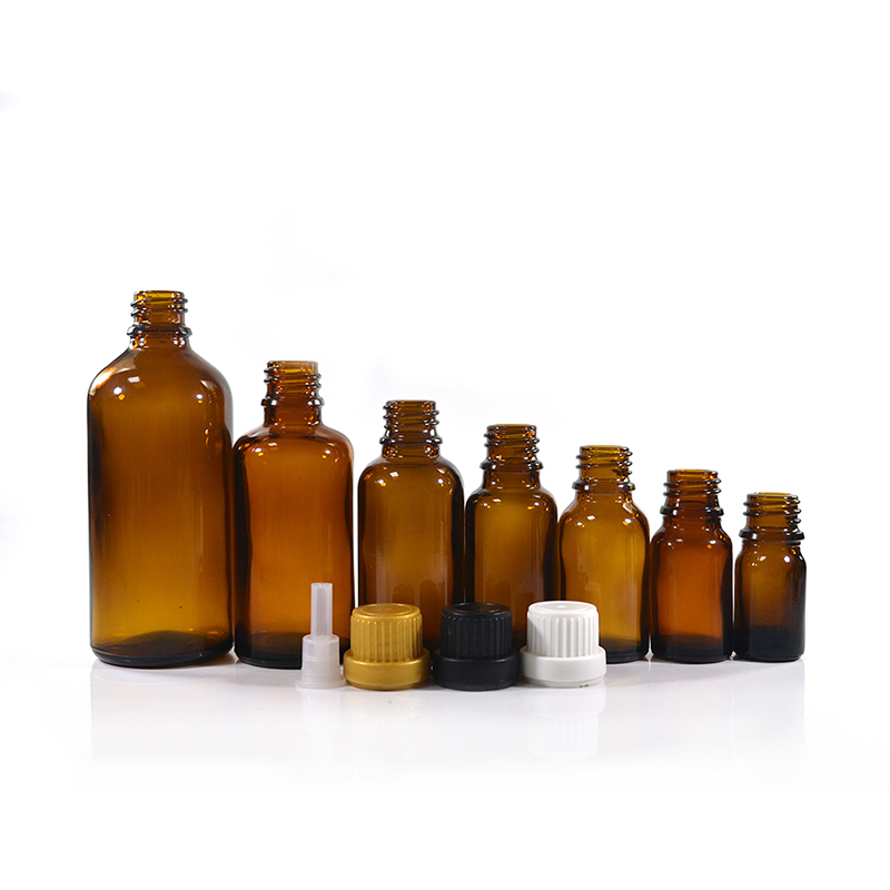 High quality 5ml 10ml 15ml 20ml 30ml 50ml 100ml natuaral amber essential oil glass bottle with tamperproof lid and plug