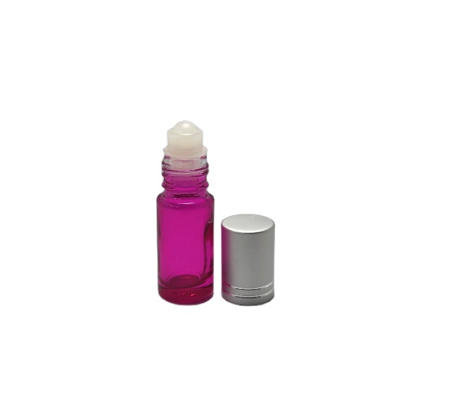 High quality 5ml glass roll on perfume pink color sprayed bottle with plastic roller and silver aluminum cap wholesale