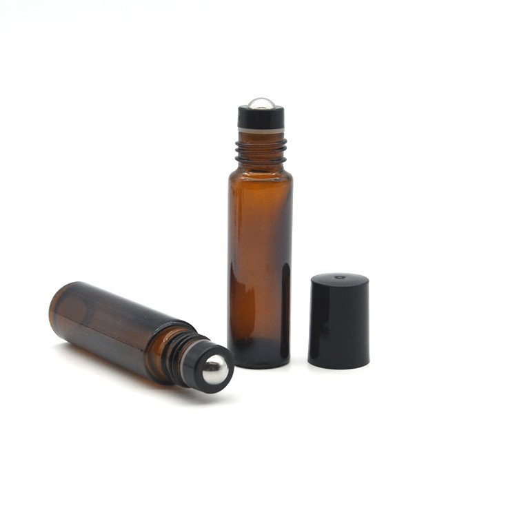 High quality Amber 10ml Glass Roll On Bottles with Black Housing Style Stainless Steel Roller Ball for Essential Oils