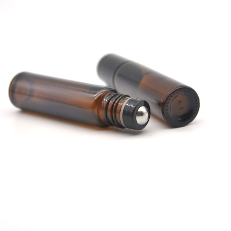 High quality Amber 10ml Glass Roll On Bottles with Black Housing Style Stainless Steel Roller Ball for Essential Oils