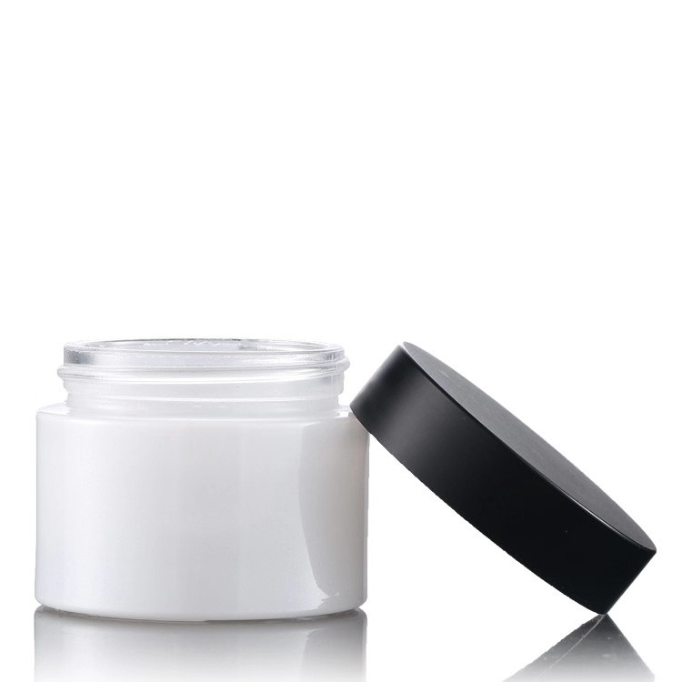 High quality Pearl white cosmetics pump glass bottle 30ml100ml120ml and 30g 50g cream jar set with matte black cap