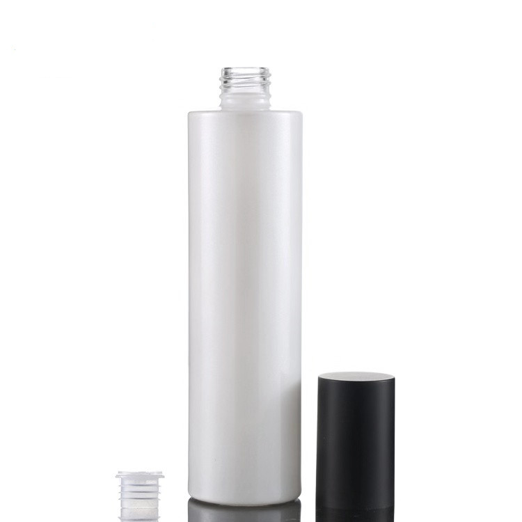 High quality Pearl white cosmetics pump glass bottle 30ml100ml120ml and 30g 50g cream jar set with matte black cap