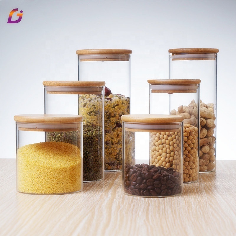 High quality bamboo lid large glass storage bottles jars for kitchen storage