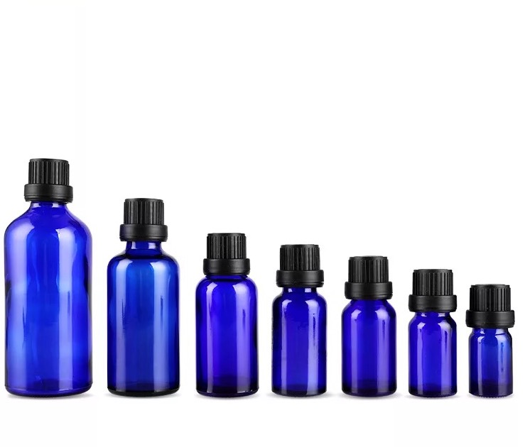 High quality blue essential oil bottle with black cap Complete specifications