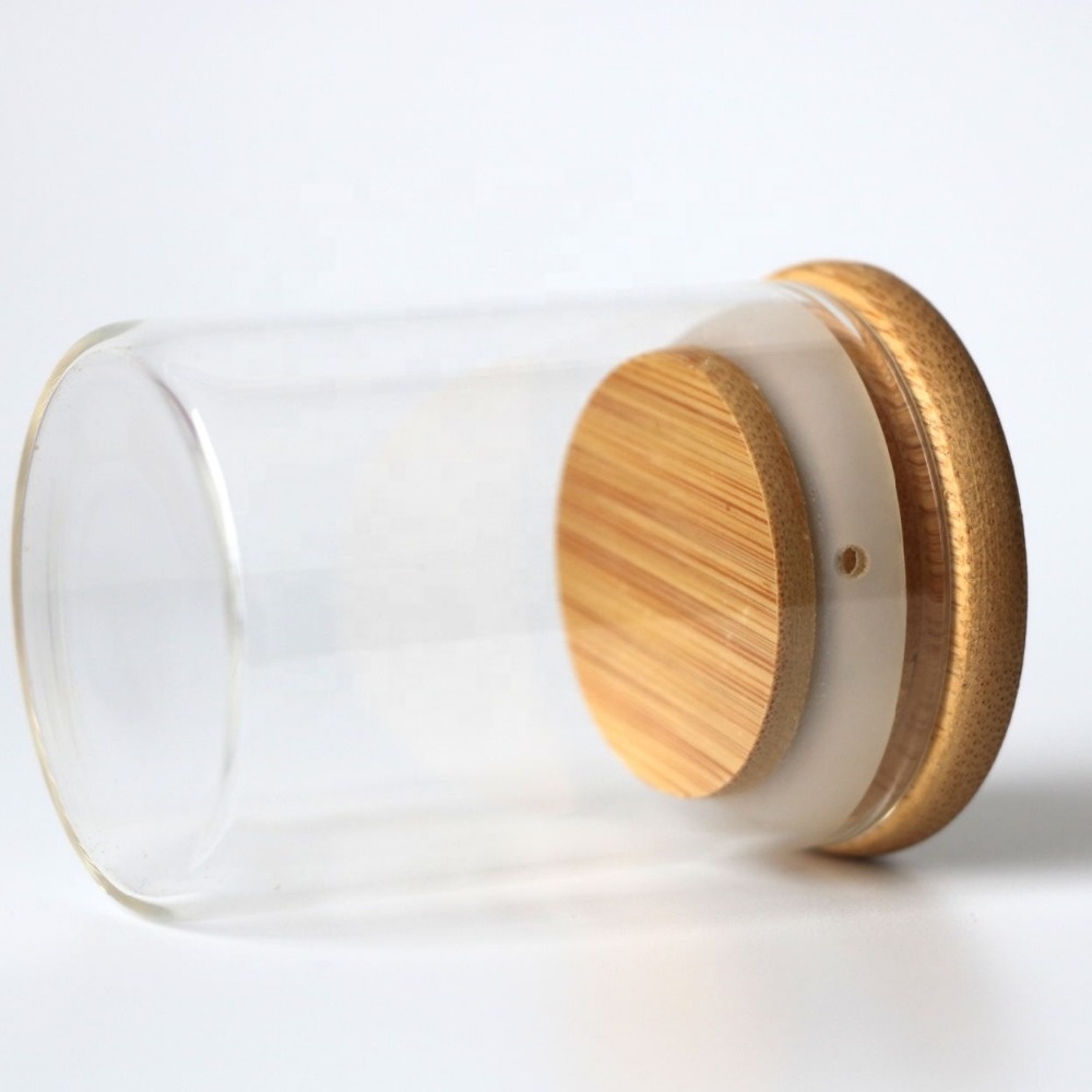 High quality  borosilicate transparent wooden lid jar glass sylinder bamboo lid storage glass container jars glass