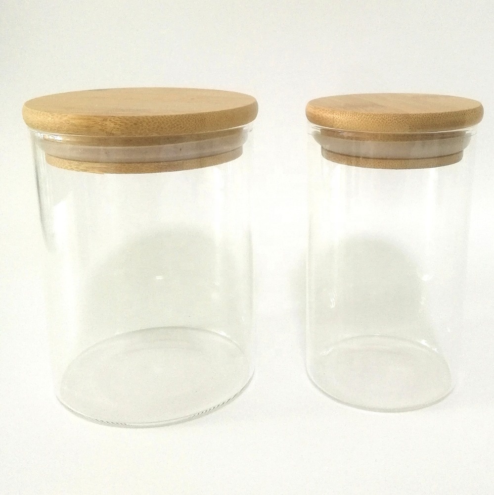High quality borosilicate transparent wooden lid jar glass sylinder bamboo lid storage glass container jars glass