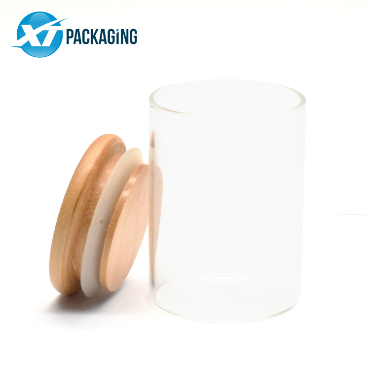 High quality borosilicate transparent wooden lid jar glass sylinder bamboo lid storage glass container jars glass