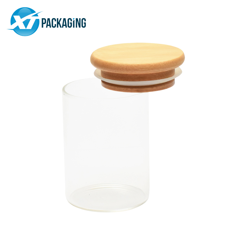 High quality borosilicate transparent wooden lid jar glass sylinder bamboo lid storage glass container jars glass