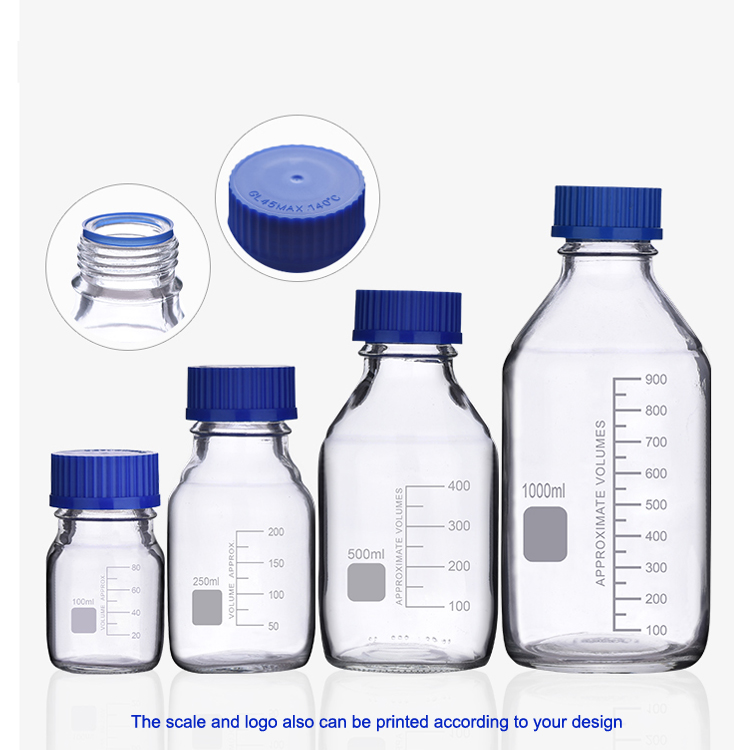 High quality clear borosilicate glass blue screw lid laboratory reagent bottle