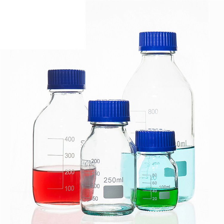 High quality clear borosilicate glass blue screw lid laboratory reagent bottle