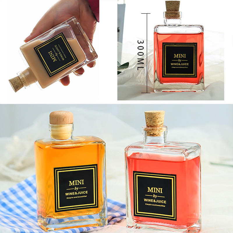 High quality clear square coffee glass bottle milk tea glass bottle beverage glass bottle with cork