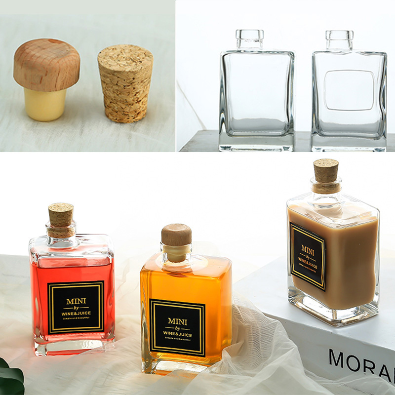 High quality clear square coffee glass bottle milk tea glass bottle beverage glass bottle with cork
