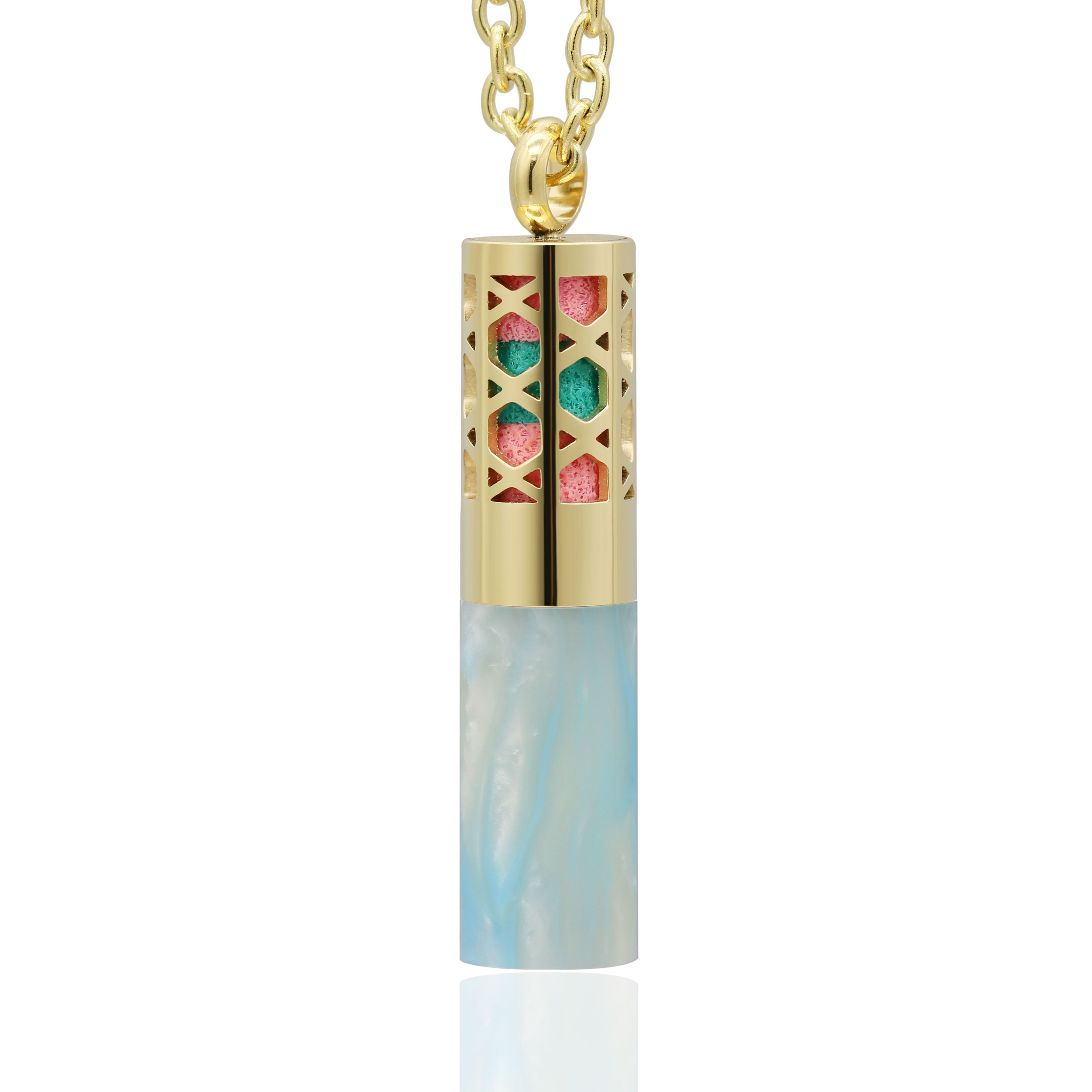 High quality coloured resin has chain perfume bottles.