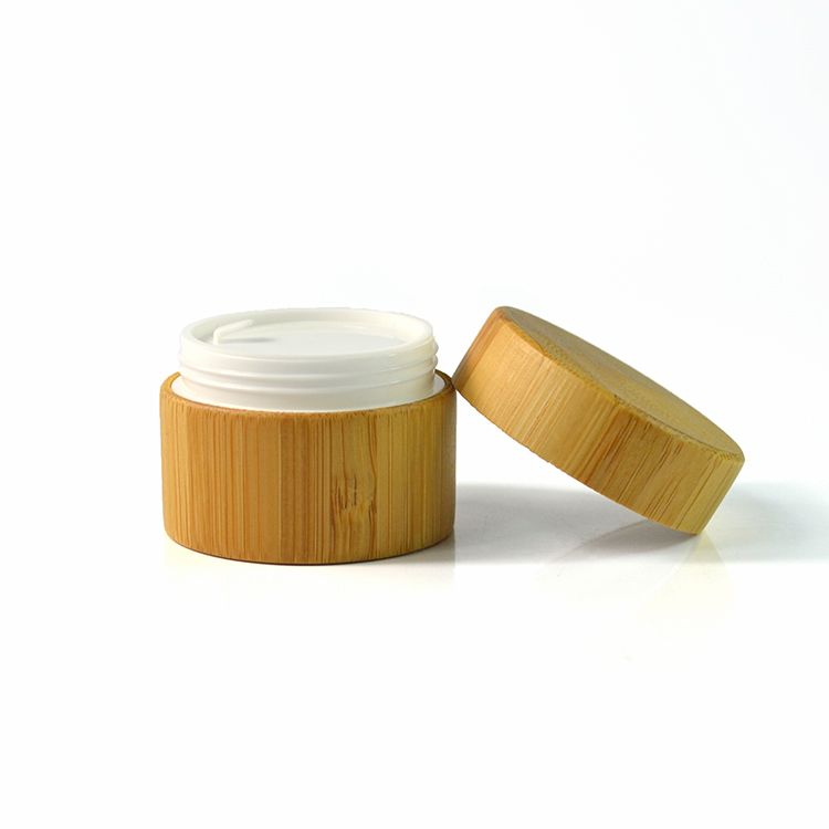 High quality cosmetic container 5g 15g 30g 50g 100g bamboo wood cosmetic plastic cream jar with bamboo lid