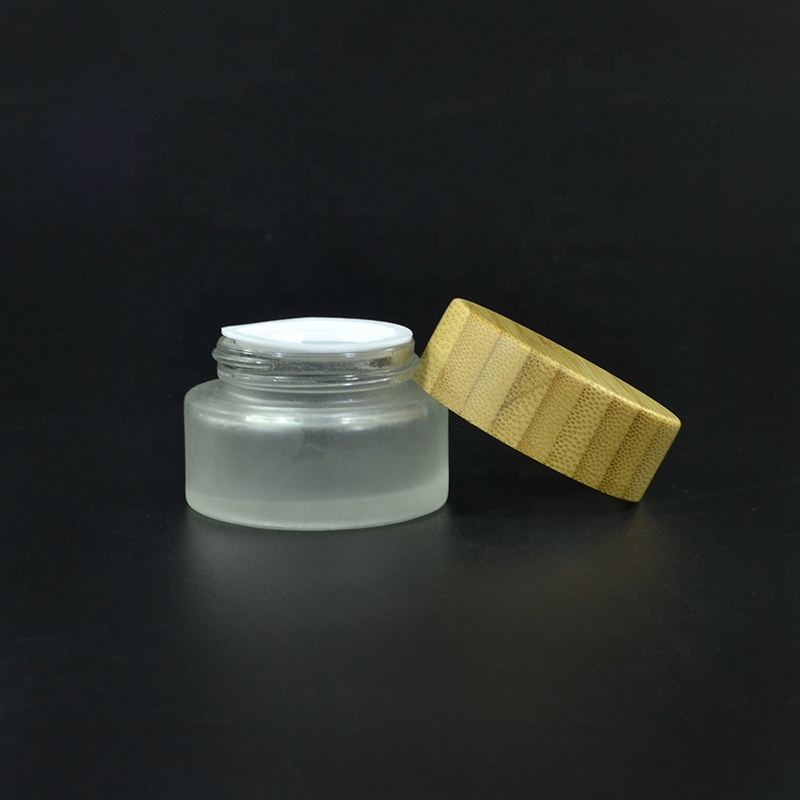 High quality cosmetic container frosted clear 5g 15g 30g 50g 100g glass cream jar with bamboo lid