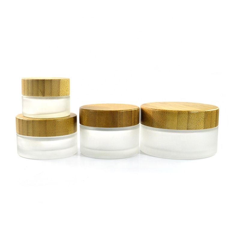 High quality cosmetic container frosted clear 5g 15g 30g 50g 100g glass cream jar with bamboo lid