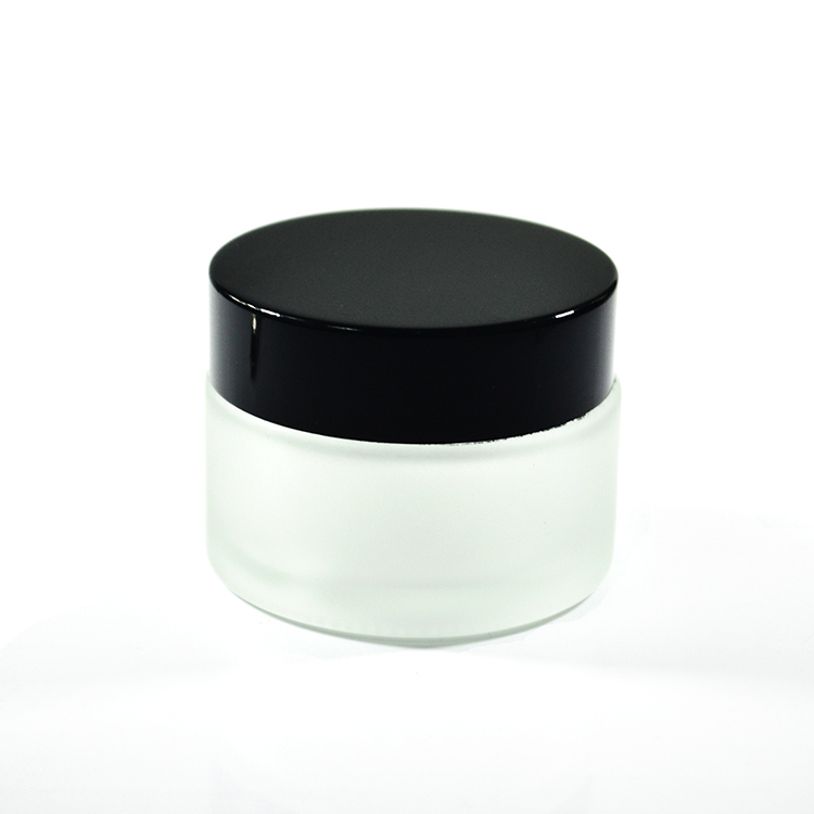 High quality cosmetic jar 30g 50g 100g frosted clear glass body glass cosmetic cream jar with aluminum black lid