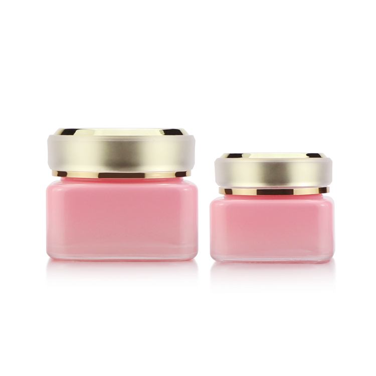High quality custom glass cosmetic jar 30g 50g empty square pink glass facial cream jar with gold lip