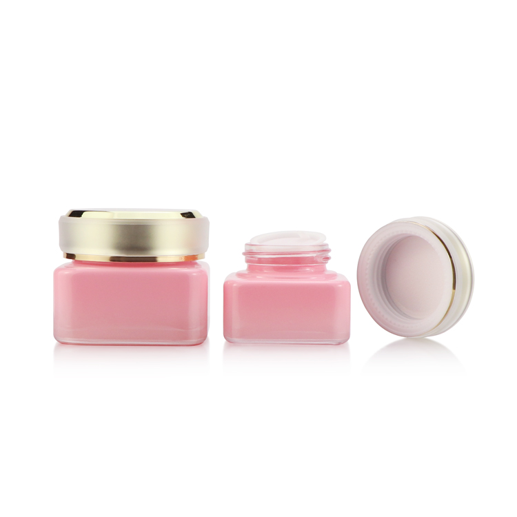 High quality custom glass cosmetic jar 30g 50g empty square pink glass facial cream jar with gold lip