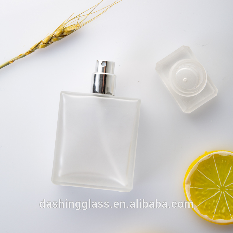 High quality custom made 50ml crimp top square empty clear frosted perfume glass bottle