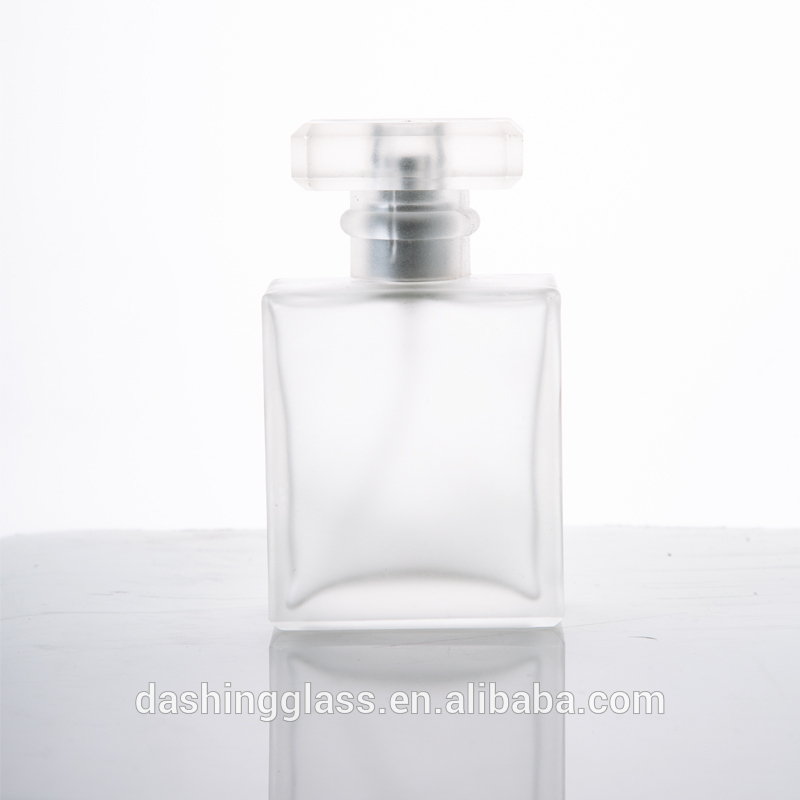 High quality custom made 50ml crimp top square empty clear frosted perfume glass bottle