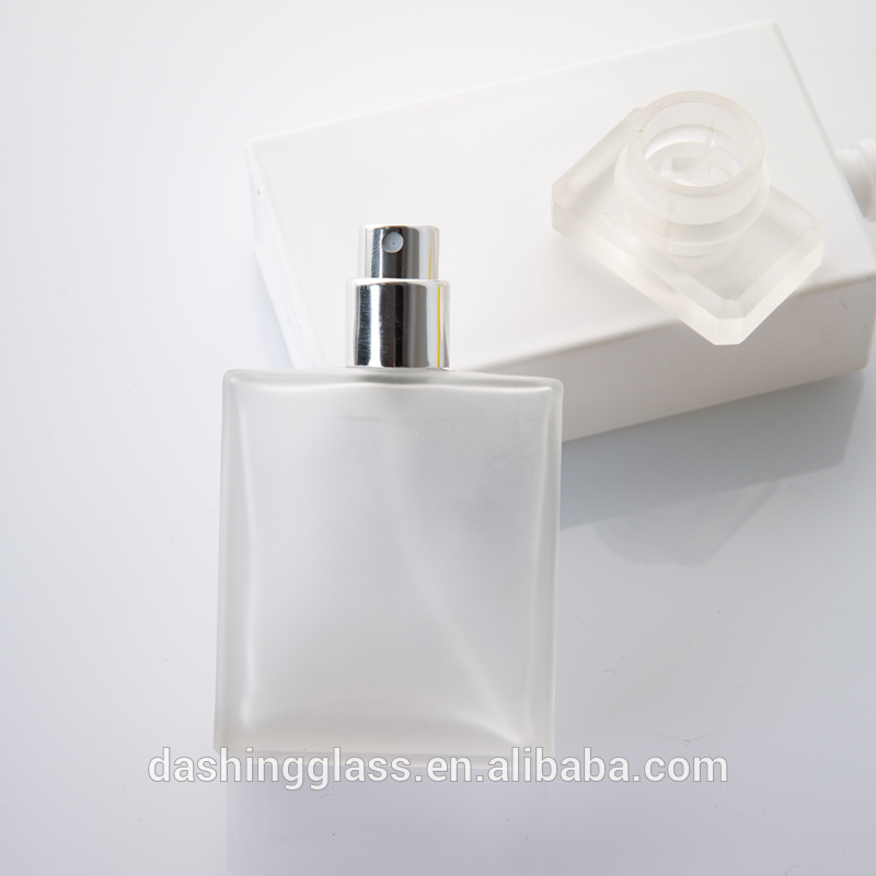 High quality custom made 50ml crimp top square empty clear frosted perfume glass bottle