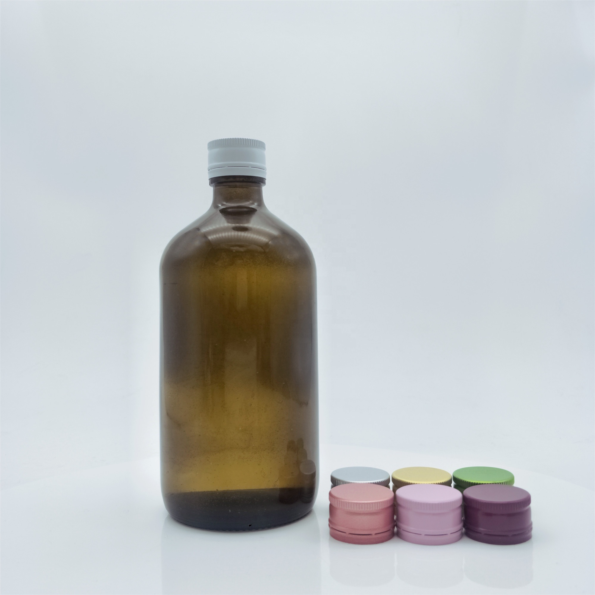 High quality empty 500ml / 16oz amber glass bottle with 28mm ROPP caps 500ml for beverage and bamboo