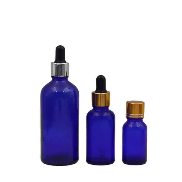 High quality empty cosmetic 5ml 10ml 30ml 50ml blue essential oil glass bottle with dropper