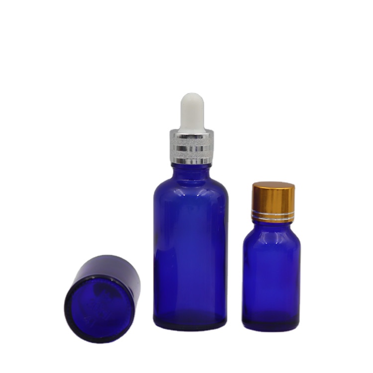 High quality empty cosmetic 5ml 10ml 30ml 50ml blue essential oil glass bottle with dropper