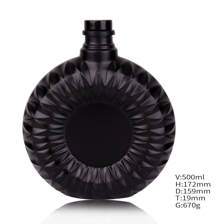 High quality empty matte black flat 500ml glass wine bottle for whiskey gin vodka with stopper