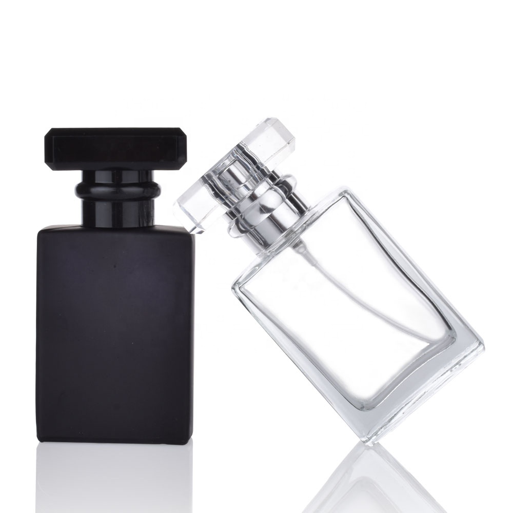 High quality empty refillable 30ml square clear matte black glass perfume bottle wholesale