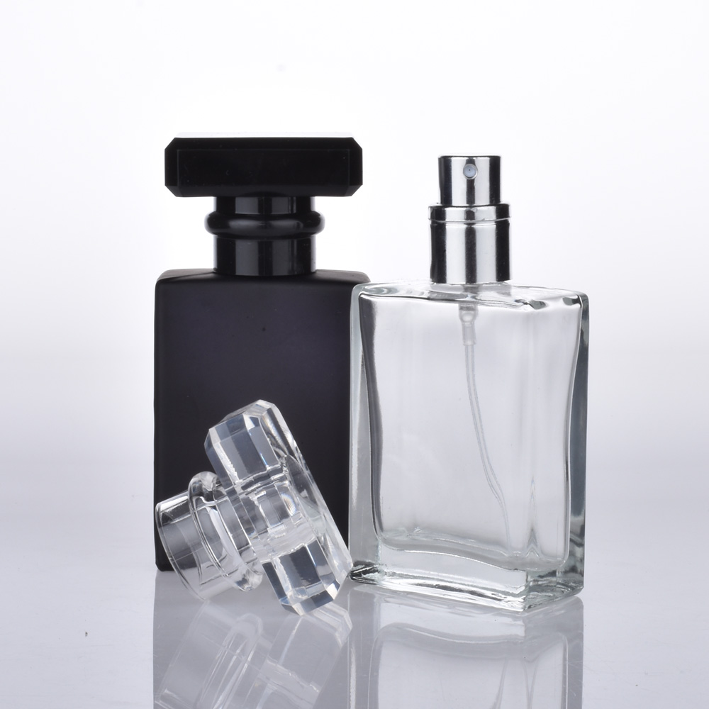 High quality empty refillable 30ml square clear matte black glass perfume bottle wholesale