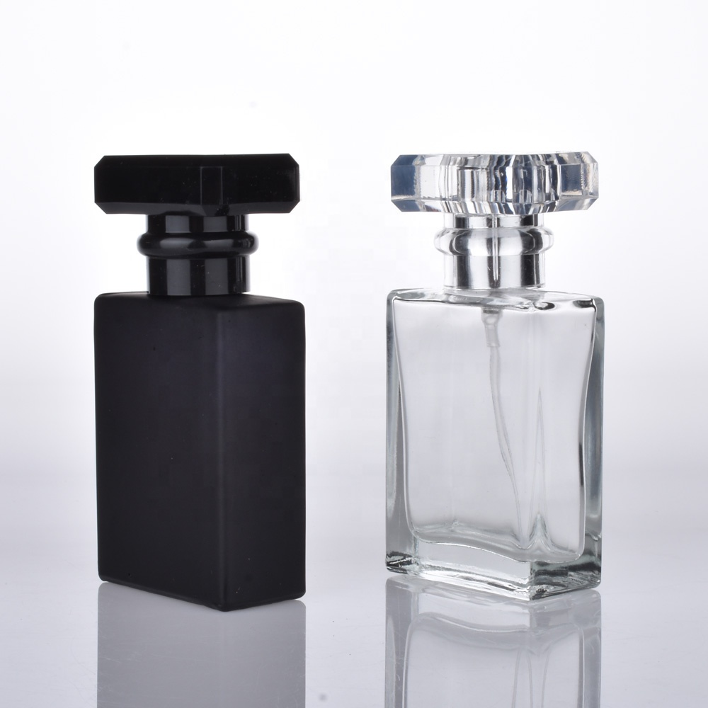 High quality empty refillable 30ml square clear matte black glass perfume bottle wholesale