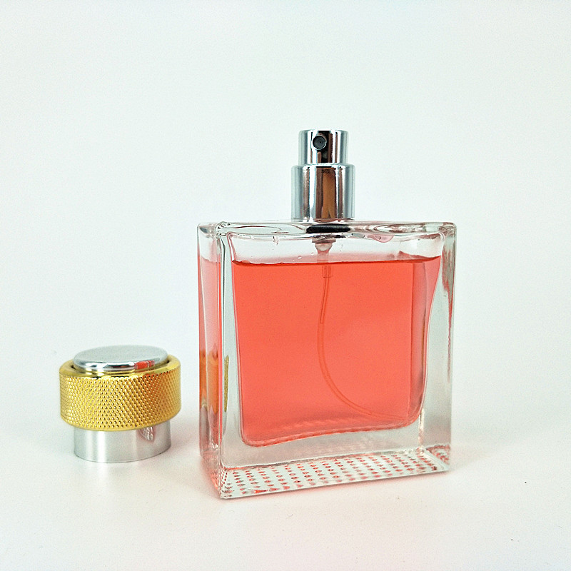 High quality flat square 50ml perfume glass bottle with metal cap