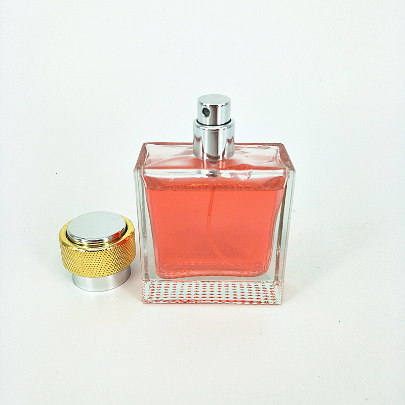 High quality flat square 50ml perfume glass bottle with metal cap