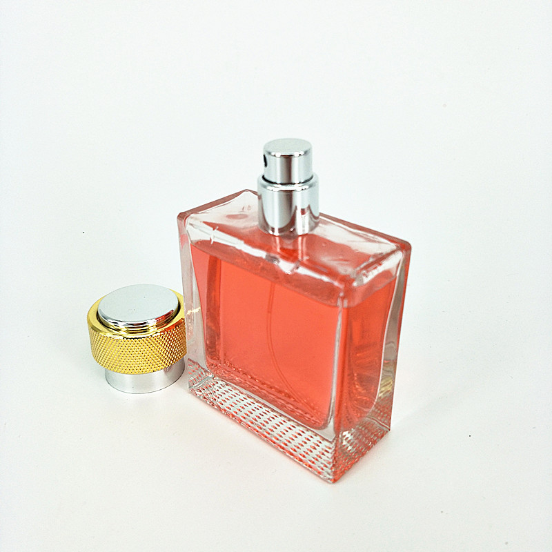 High quality flat square 50ml perfume glass bottle with metal cap