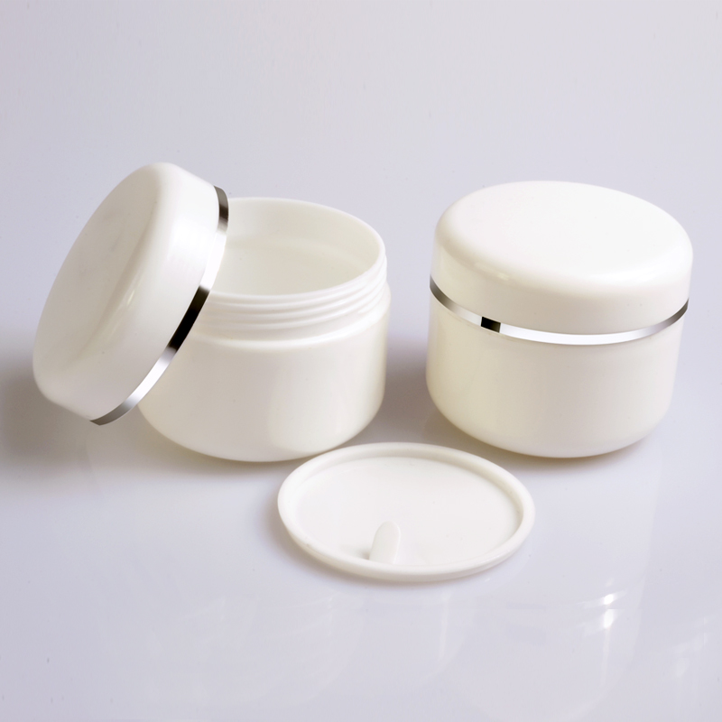 High quality free sample cosmetic body lotion container 20g  50g 100g 250g  white plastic face cream  jar with silver edge