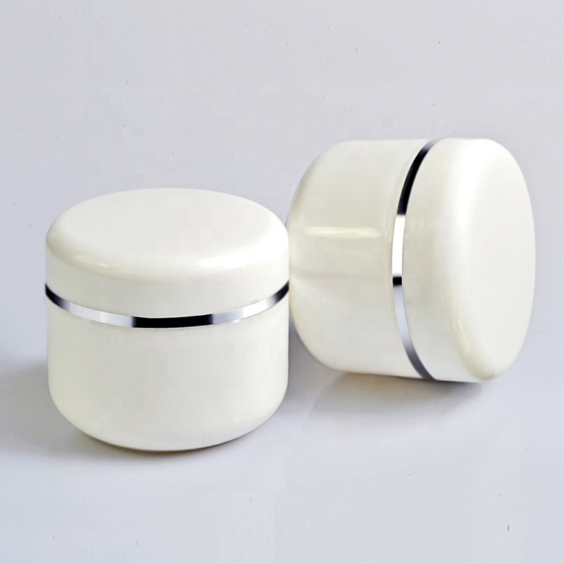 High quality free sample cosmetic body lotion container 20g 50g 100g 250g white plastic face cream jar with silver edge
