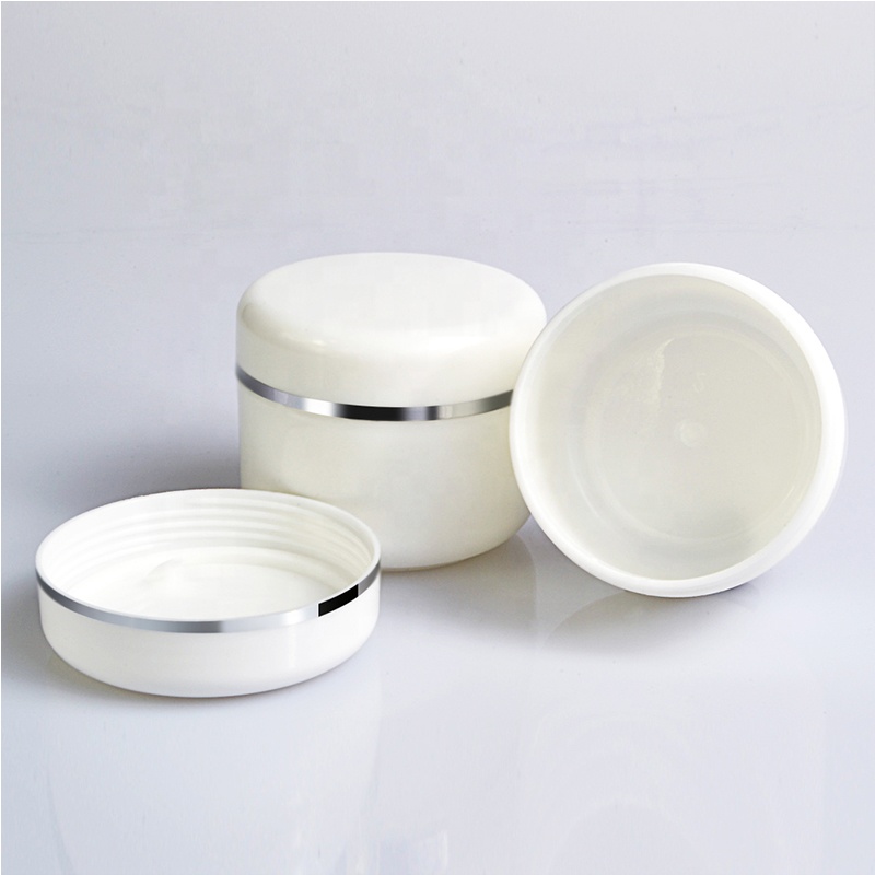 High quality free sample cosmetic body lotion container 20g 50g 100g 250g white plastic face cream jar with silver edge