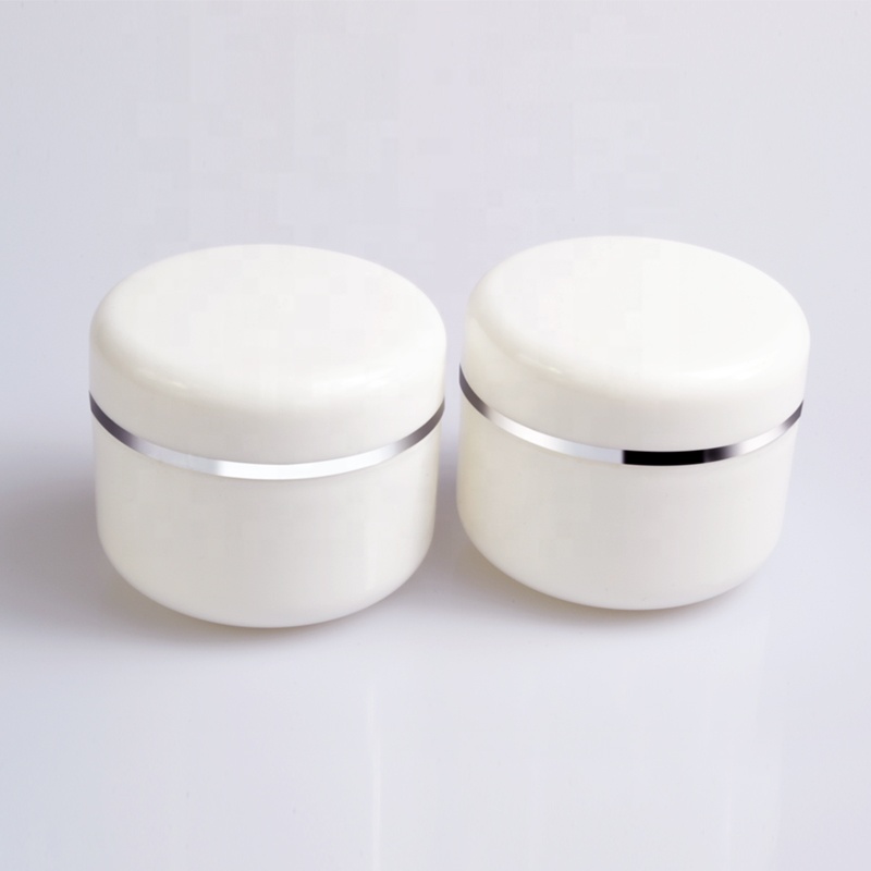 High quality free sample cosmetic body lotion container 20g 50g 100g 250g white plastic face cream jar with silver edge
